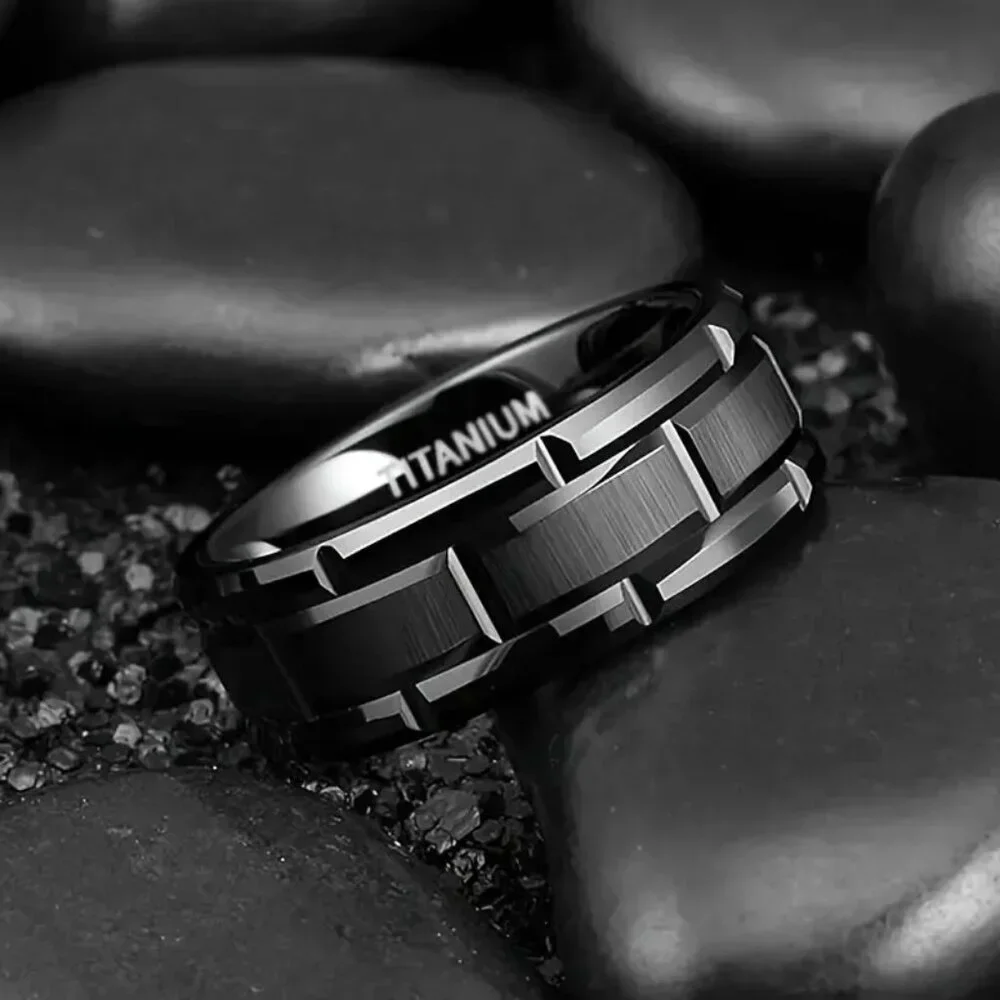 Titanium Matte Black Men's Statement Ring Beveled with Brushed Finished Center